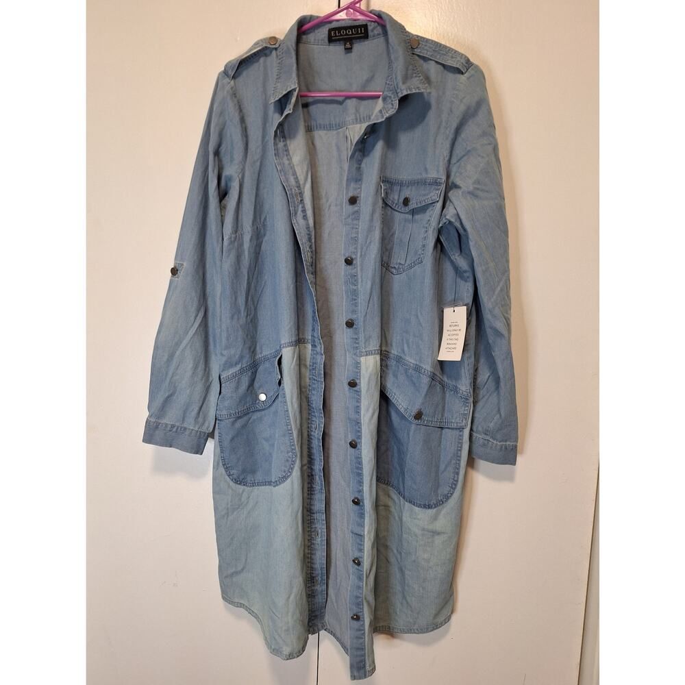Eloquii Long Denim Jacket with Pockets Size 14 Trench Coat